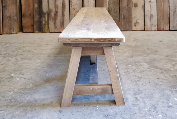 Reclaimed a-frame dining bench. Made from reclaimed timber. Rustic dining tables and dining benches. Rustic Dining Furniture