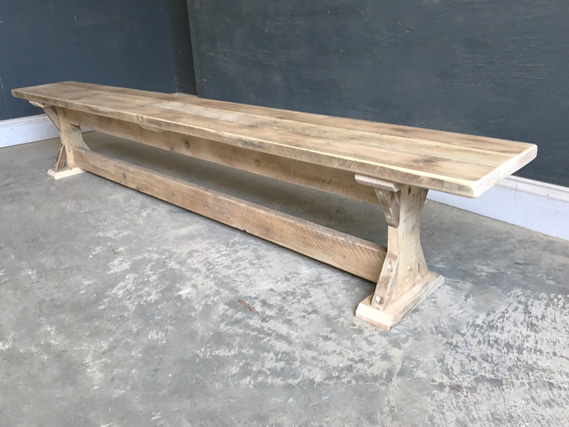 Reclaimed Braced I-Frame dining table and dining benches. Made from reclaimed timber. Rustic dining tables and dining benches. Rustic Dining Furniture. Handmade from reclaimed pine in Harrogate, North Yorkshire.
